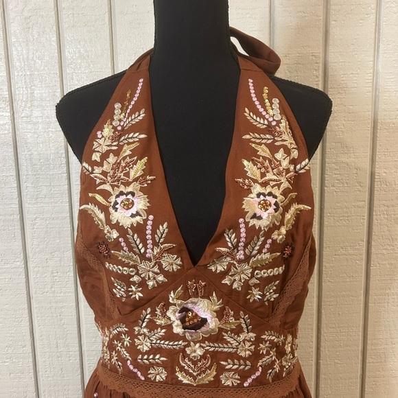 New Boston Proper Brown Embroidered Halter Dress, size large. - Picture 4 of 10